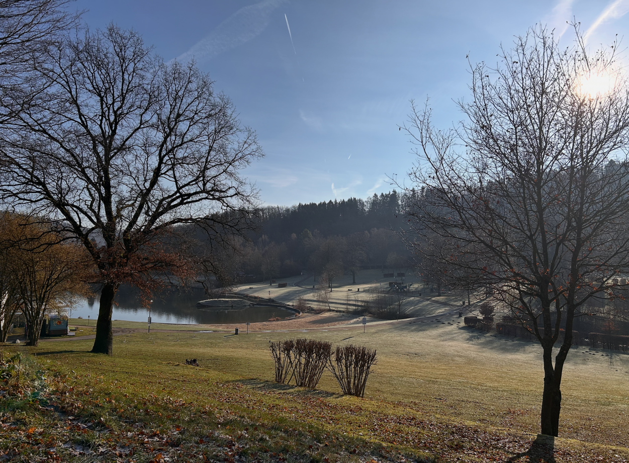 Parklandschaft mit See bei Morgendunst – Region Aachen